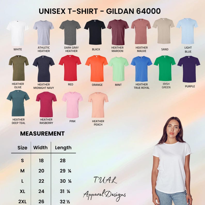 May include: A product image showcasing a variety of Gildan 64000 unisex t-shirts in various colors, including white, black, red, and blue. The image also displays a measurement chart with sizes ranging from S to 2XL, with widths from 18 to 26 inches and lengths from 28 to 32 1/2 inches.