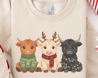 Christmas Cow Sweatshirt, Highland Cow Tshirt, Women's Cow Christmas Shirt, Cow Lover Gift, Farm Christmas Hoodie, Cute Winter Cow Sweater