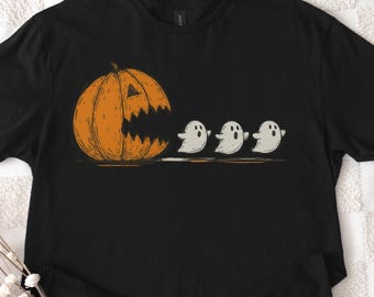 Halloween Pumpkin Eat Ghost Shirt, Funny Halloween Shirt, Halloween Gamer Gift, Halloween Party Tee, Pumpkin Pac Man Shirt, Spooky Ghost Tee