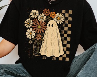 Comfort Colors® Checkered Ghost Shirt, Halloween Floral Ghost Shirt, Cute Fall Shirt, Cottagecore Ghost Tee