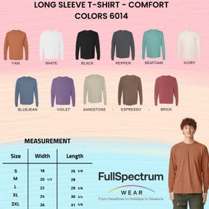 Puede incluir: Imagen de camisetas de manga larga en colores como Yam, Blanco, Negro, Pimienta, Espuma de mar e Ivory. Se incluye una tabla de tallas con medidas en cm, as&iacute; como el nombre de la marca.