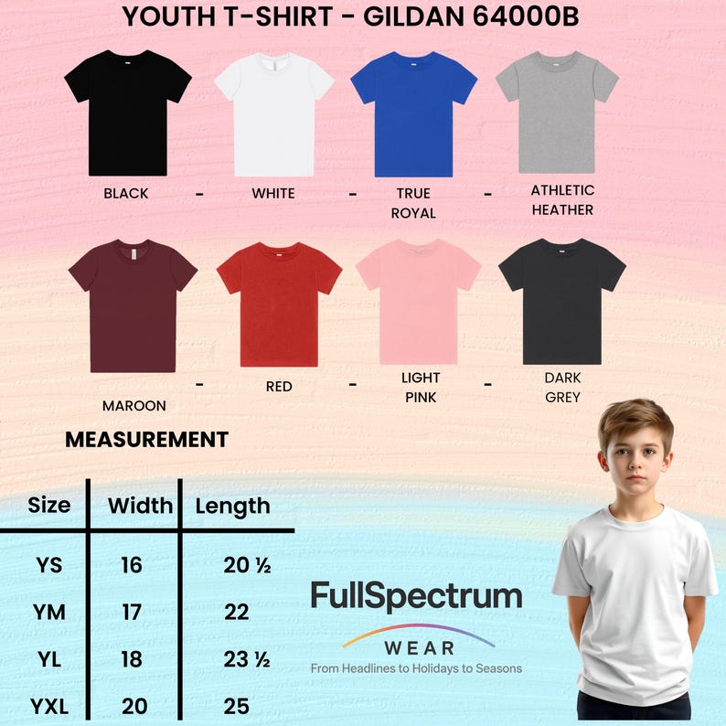 May include: A selection of youth t-shirts in various colors, including black, white, and red. The image displays a size chart with measurements in inches and the brand name "FullSpectrum". The shirts are Gildan 64000B.