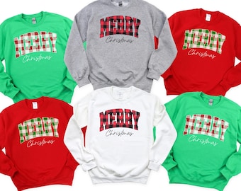 Merry Christmas Sweatshirt,Buffalo Plaid Christmas Shirt,Xmas Gift Idea,Christmas Shirts for Woman,Holiday Shirts, Family Christmas Pajamas