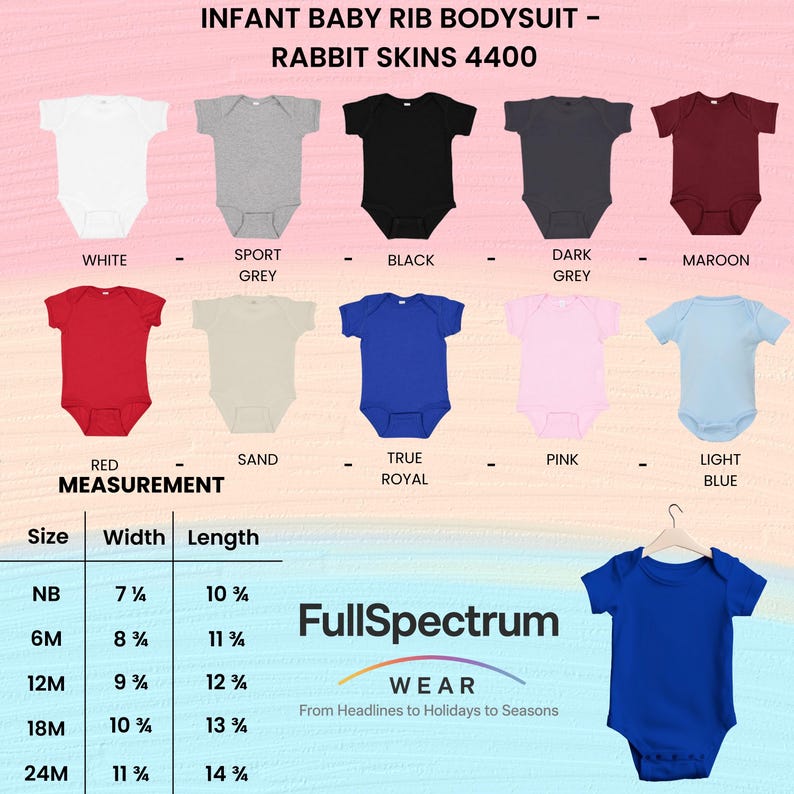 May include: A variety of infant baby rib bodysuits in multiple colors, including white, grey, black, red, and blue. The image displays a size chart with measurements in inches. The brand name "FullSpectrum" is also visible.