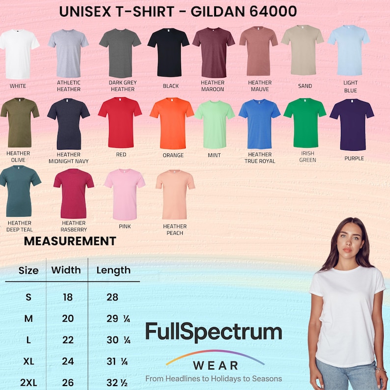 May include: A variety of Gildan 64000 unisex t-shirts in various colors, including white, black, red, and blue. The image also displays a size chart with measurements in inches, and the "FullSpectrum" logo.