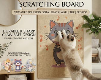 Drapak dla kota montowany na ścianie, bezpieczny, samoprzylepny, odporny na zarysowania, z uroczym wzorem przedstawiającym kota z kreskówki, chroni meble.