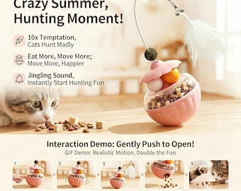 Różnorodne zabawki dla kotów do samodzielnego zabawy, w tym kulki z kocimiętką i patyczki z piórkami, edukacyjne karmniki i prezenty dla zwierząt.