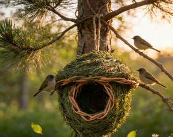 Ręcznie tkane, naturalne, trawiaste gniazdo dla ptaków | Ekologiczny, wiszący domek dla ptaków jako dekoracja ogrodu i prezent dla miłośników ptaków