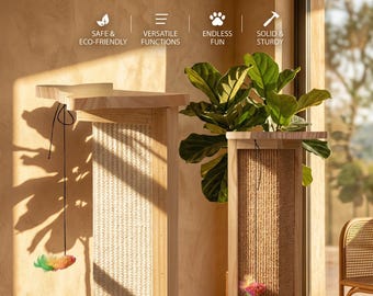 Trwałe, wykonane z litego drewna drapaki dla kotów w różnych rozmiarach oraz naturalne ochraniacze na sofę z sizalu chronią zdrowie Twojego kota i krawędzie mebli.