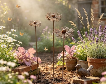 Ozdoby ogrodowe w stylu vintage, w kolorze rdzy, stanowią doskonały prezent dla miłośników ogrodnictwa; chryzantemy/stokrotki, rośliny do nasadzeń w gruncie.