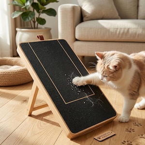 May include: A wooden cat scratching board with a black surface and a gold border. A cat is scratching the board, which is angled on a wooden stand. The board has a leather handle. A small wooden tag with text is on the floor.