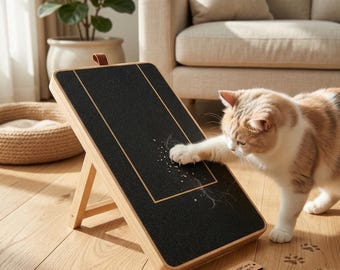 Wooden pet nail file with treat drawer - encourages pets to scratch and trim their nails naturally; triangular design for better stability.