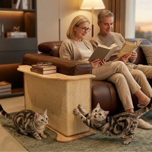 Puede incluir: Escena de sala de estar con un sofá de cuero marrón, una mesa auxiliar y dos gatos. Una pareja lee libros en el sofá. Un gato está en el suelo y el otro araña la mesa auxiliar. La mesa auxiliar tiene un exterior de sisal tejido.