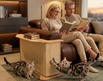 Solidny pokrowiec na sofę, drapak dla kota wykonany z sizalu, z podłokietnikami i stolikiem bocznym chroniącym sofę, zaprojektowany specjalnie dla kotów.