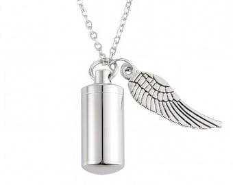 Naszyjnik z cylindrycznym krematoryjnym motywem: stalowy wisiorek w kształcie urny ze skrzydłem anioła