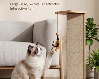 Ten solidny, drewniany drapak dla kotów ma obrotowy element w kształcie kuli i piór, zapewniając kotu zabawę i chroniąc kanapę i ściany.