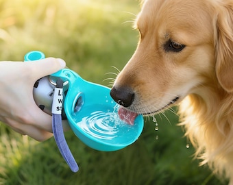 Przenośna butelka na wodę dla zwierząt wykonana ze stali nierdzewnej 304, wyposażona w składaną silikonową miskę - szczelna, z zawieszonym sznurkiem, idealna do zabawy na świeżym powietrzu.