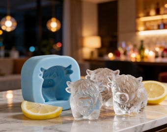 Simpatico stampo in silicone a forma di mucca scozzese delle Highlands, con un solo foro e 6 cavità, ideale per cubetti di ghiaccio per bevande e cioccolatini.