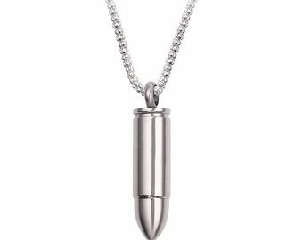 Biżuteria kremacyjna, naszyjnik w kształcie pocisku z pamiątkowym zamknięciem w kształcie kuli, słoik z wisiorkiem, biżuteria pamiątkowa z motywem człowieka