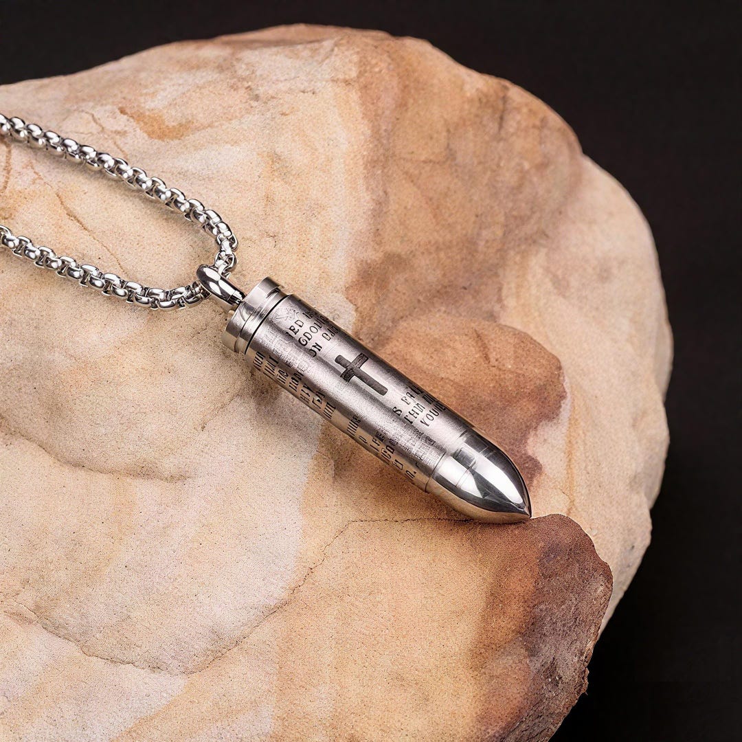 Lord's Prayer Cross Bullet Cremation Memorial Urn Necklace in 316L