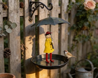 Karmnik dla ptaków w stylu retro z metalu — wisząca wanienka i karmnik dla ptaków na zewnątrz — artystyczny akcent dekoracyjny na tarasy, na zewnątrz i trawniki