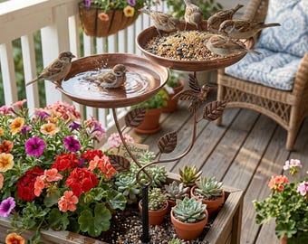 Karmnik dla ptaków w stylu retro, kąpiel dla ptaków w stylu rustykalnym, z gniazdem podłogowym, idealny do ogrodu i dekoracji na zewnątrz, łączący w sobie karmienie i podlewanie.