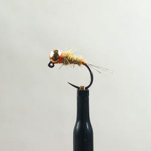 May include: A fishing fly lure featuring a shiny gold-colored metal bead head, a bright orange collar, and a textured tan-colored body made of synthetic fibers. The lure is attached to a dark curved metal hook with thin, light-colored tail filaments.