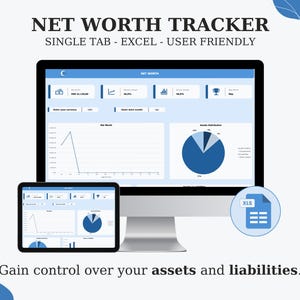 Pode incluir: Um monitor de computador e um tablet exibindo um rastreador de patrimônio líquido em azul claro e branco. O texto "NET WORTH TRACKER" e "Gain control over your assets and liabilities" são visíveis. Um ícone de arquivo Excel também está presente.