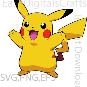 Può includere: Un'illustrazione del personaggio giallo Pikachu con orecchie dalle punte nere, guance circolari rosse e una coda a forma di fulmine. Il personaggio ha un ampio sorriso a bocca aperta. Il testo EasyDigitalsCrafts e SVG, PNG, EPS è visibile.
