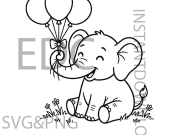 File di taglio SVG PNG di un elefantino, design per baby shower con Cricut, clipart per bambini per compleanno, download immediato per lavori creativi e progetti fai da te.