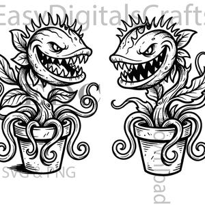 May include: Two black and white line art illustrations of carnivorous plants in pots, each featuring a wide, toothy mouth, spiky leaves, and curling vines. The text EasyDigitalsCrafts and SVG & PNG is visible in the background.