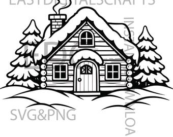 File di taglio SVG e PNG per baita invernale, scena invernale natalizia, clipart di chalet e cottage, decorazioni invernali fai da te, illustrazione di casa invernale per le vacanze