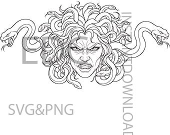File digitale SVG PNG di Medusa Gorgone, clipart di testa di donna mitologica, compatibile con Cricut e Silhouette in formato DXF, design per magliette, stampa artistica, download immediato.