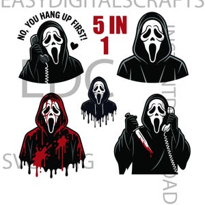 Puede incluir: Un conjunto gráfico digital con cinco ilustraciones de una figura enmascarada con túnica negra con capucha. Una figura sostiene un teléfono con el texto NO, YOU HANG UP FIRST!, una está salpicada de sangre, una sostiene un cuchillo y dos son retratos.