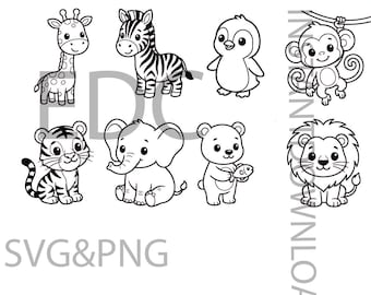 Animali della savana cuccioli SVG PNG, Animali dello zoo carini SVG, Scimmia Zebra Leone SVG