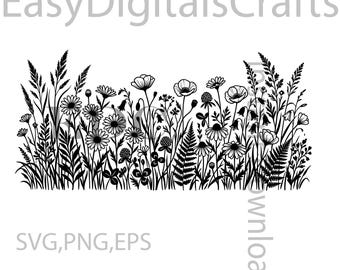 Campo di fiori selvatici SVG PNG / Disegno floreale per taglio Cricut, vinile, scrapbooking, arte naturalistica, illustrazioni floreali minimaliste file stampabile