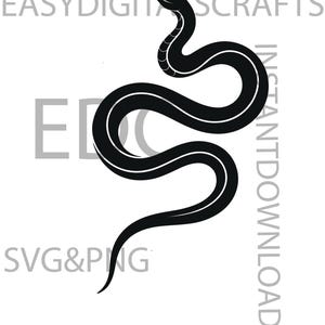 May include: A black and white graphic illustration of a snake in a winding, S-shaped pose. The design features clean lines and a solid black silhouette. The text EASYDIGITSCRAFTS, INSTANTDOWNLOADV, and SVG&PNG are overlaid across the image.