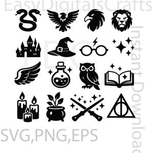 May include: A collection of sixteen black silhouette icons featuring a two-headed snake, an eagle, a lion head, a castle, a witch hat, round glasses with a lightning bolt, stars, a wing, a potion bottle, an owl, an open book, candles, a plant in a pot, crossed wands, and a triangle symbol.