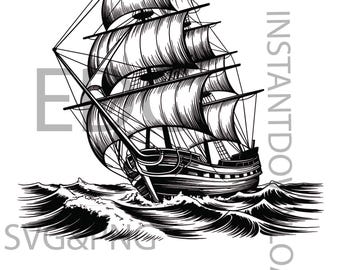 Nave pirata SVG, barca a vela vintage SVG, decorazioni nautiche estive, clipart marittime, decorazioni murali per camerette, download digitale, file di taglio per Cricut