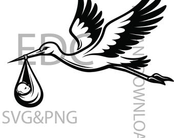 Cicogna con bebè SVG PNG, file di taglio per baby shower, download digitale per l'arrivo del bambino, decorazione murale per la cameretta, disegni per Cricut e Silhouette.