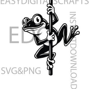 May include: A black and white graphic illustration of a frog climbing a vertical pole. The text EASYDIGITASCRAFTS is at the top, EDC is on the left, SVG&PNG is at the bottom left, and INSTANTDOWNLOADV is written vertically on the right side.