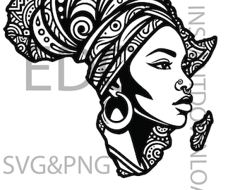 Donna africana SVG, PNG, Mappa africana SVG, Ritratto di donna nera, Clipart di ragazza etnica, Regalo culturale, Download digitale, Cricut e Silhouette