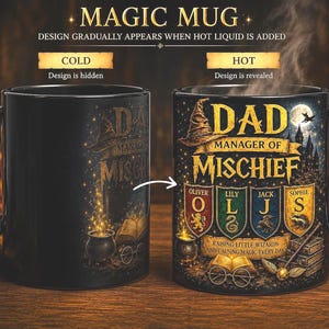 Personalized Dad Manager of Mischief Mug, Custom Kids Names Wizard Mug, Magic Color Changing Coffee Cup, Father's Day Gift for Dad Husband