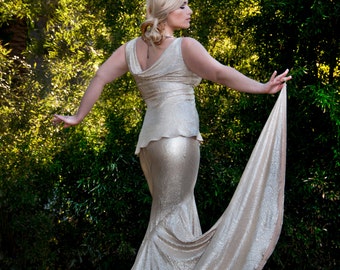 Champagne Erte Inspired Mermaid Skirt with Side Train