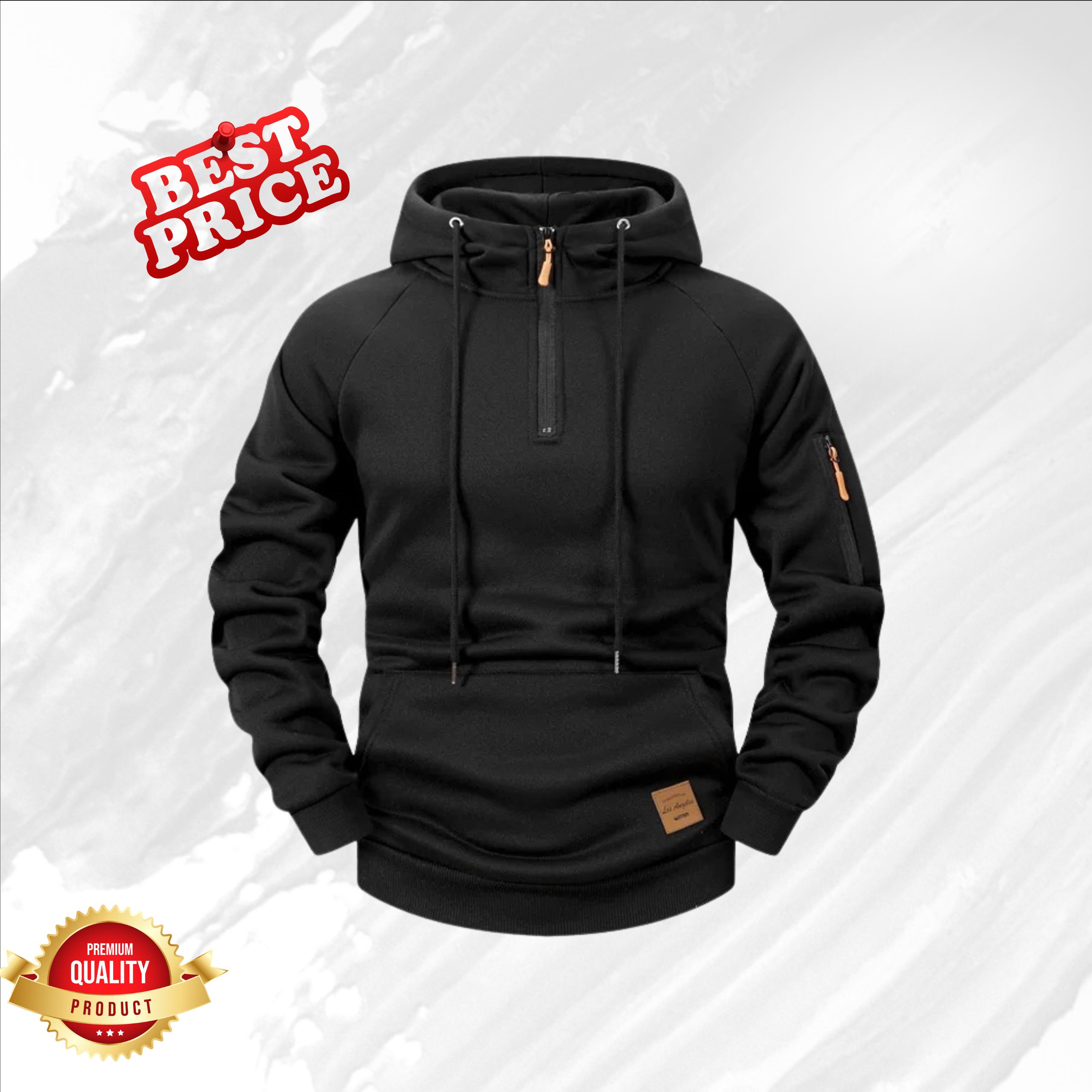 Sweat à Capuche Pour Homme Avec Demi Fermeture éclair Noir | Sweat à Capuche Pour Homme Grandes Tailles Veste Chaude Décontractée Confortable Veste De Survêtement D'extérieur Pull De Travail