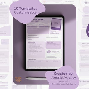 May include: A digital template on a tablet, in light purple and white. The template includes sections for a child's name, photo, and other details. Text on the image says "10 Templates Customisable" and "Instant Download".
