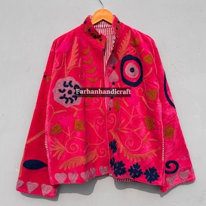 Giacca Suzani in velluto rosa / Cappotto boho ricamato a mano