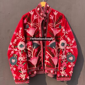 Red Velvet Floral Embroidered Suzani Jacket: Boho Duster Coat