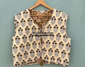Chaleco acolchado con estampado floral en bloques: chaleco bohemio reversible de algodón