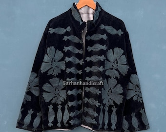 Black Velvet Suzani Jacket: Floral Embroidered Ethnic Winter Coat